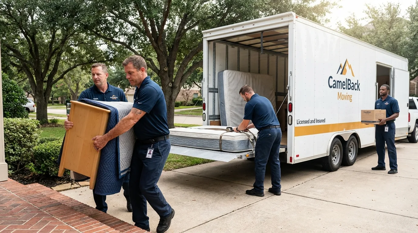 Crew loading residential truck for cross-state move from Brazoria, TX