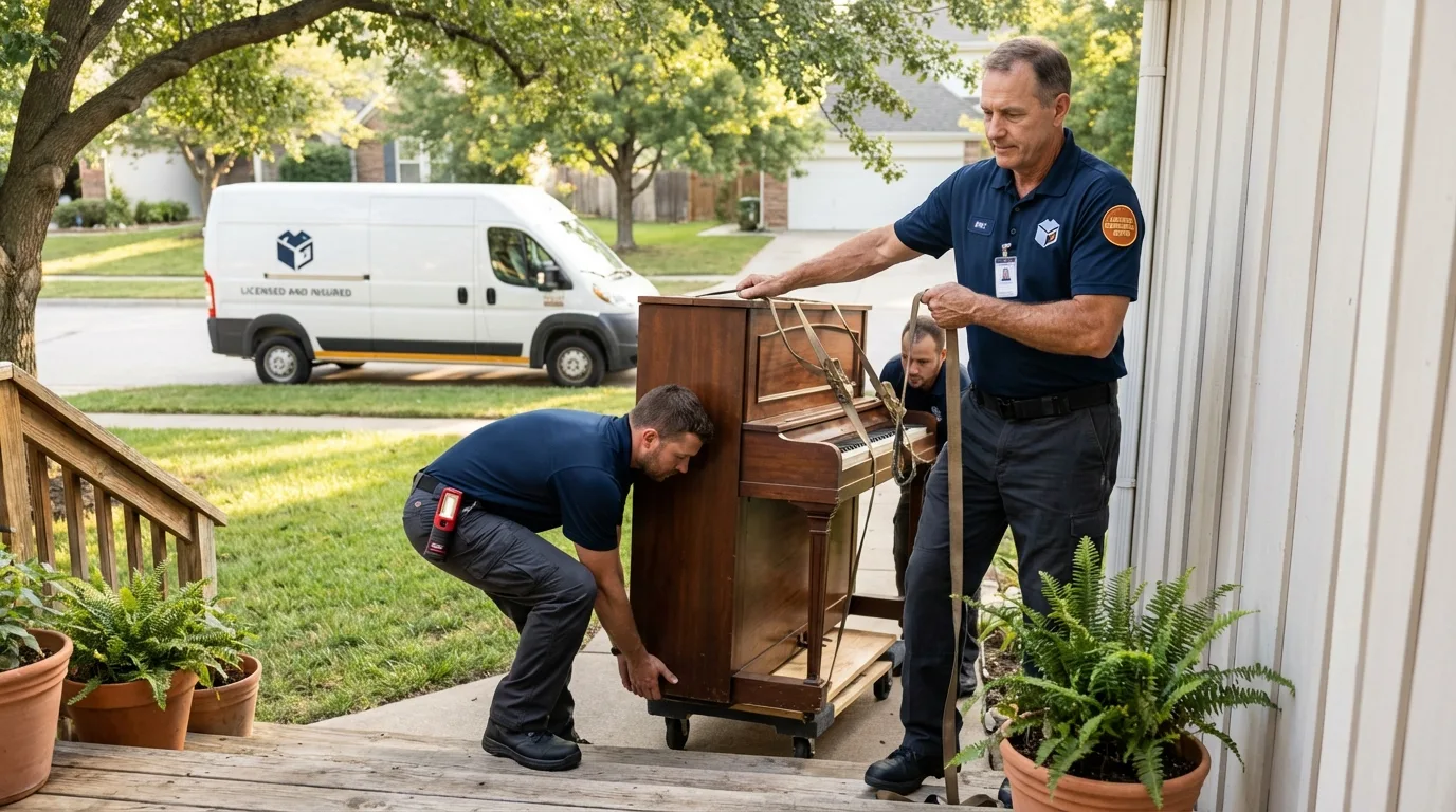 Licensed piano movers securing grand piano in Brazoria, TX