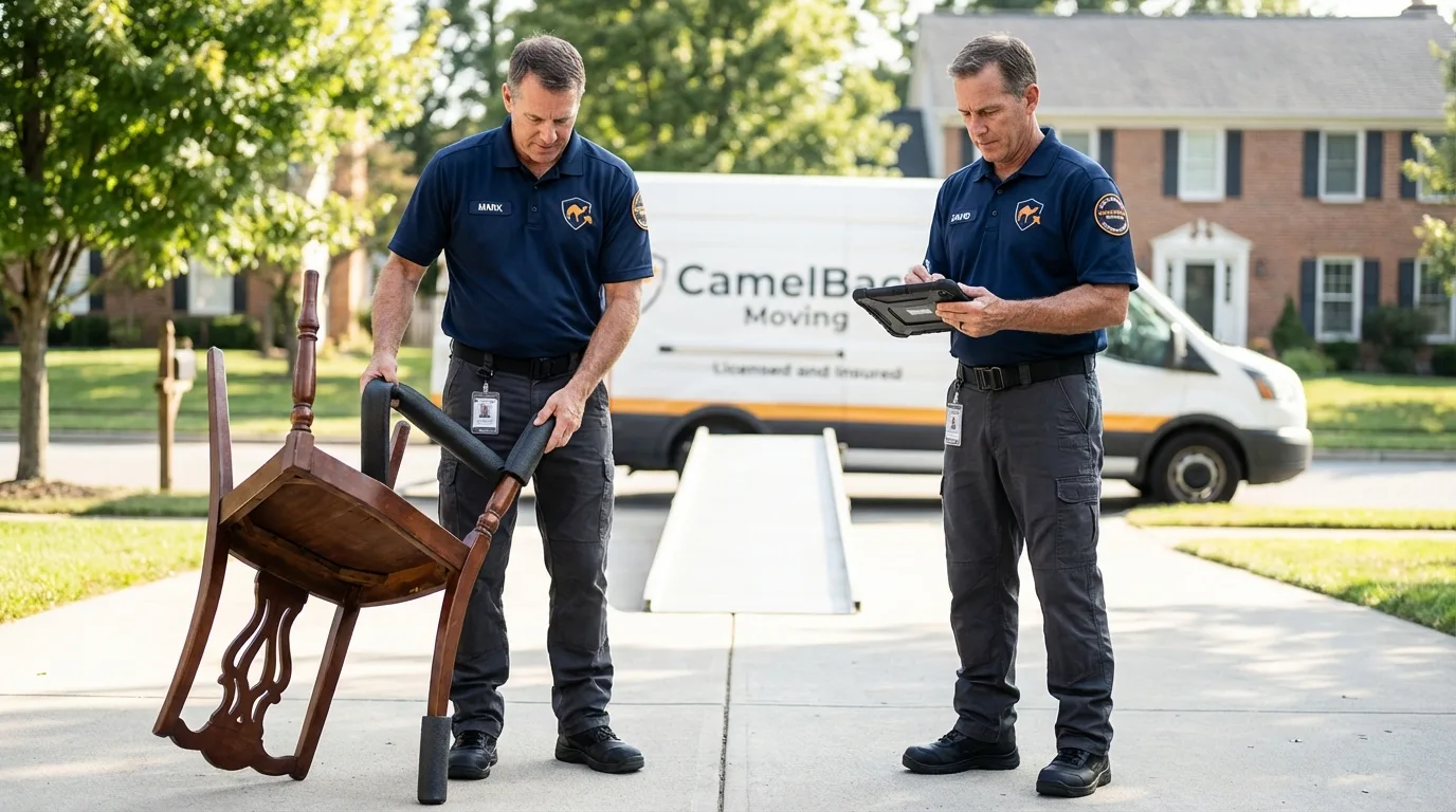 Movers inspecting furniture for damage prevention before loading in Brazoria, TX