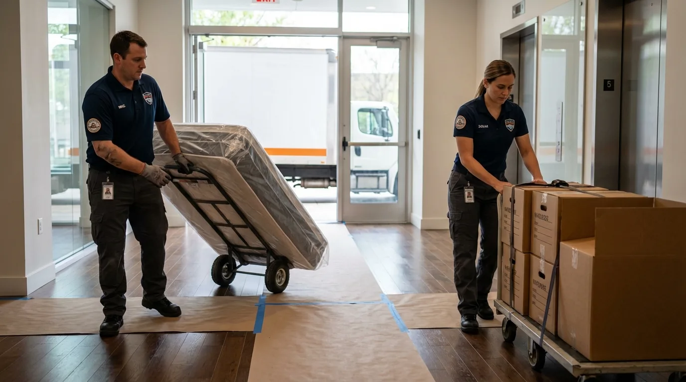 Professional apartment movers loading elevator in Brazoria, TX
