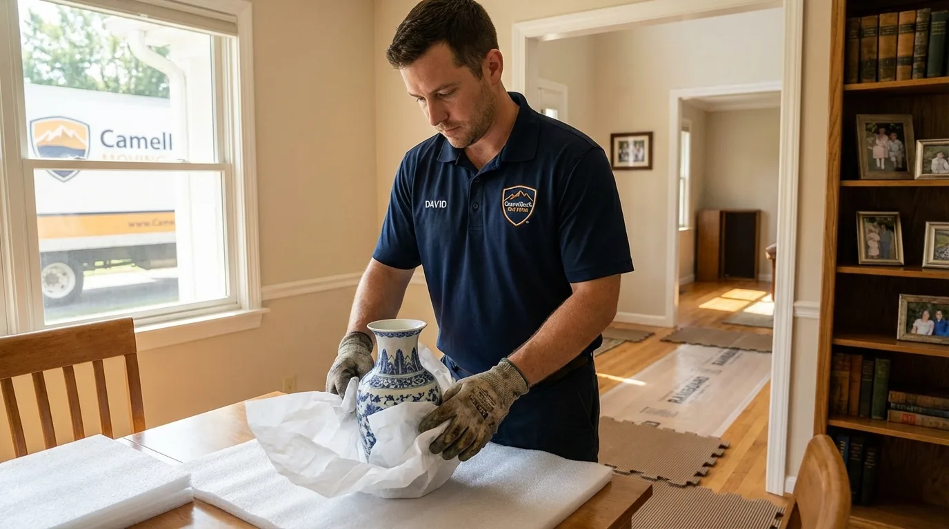 Professional crew carefully wrapping antique vase for senior downsizing move in Brazoria, TX
